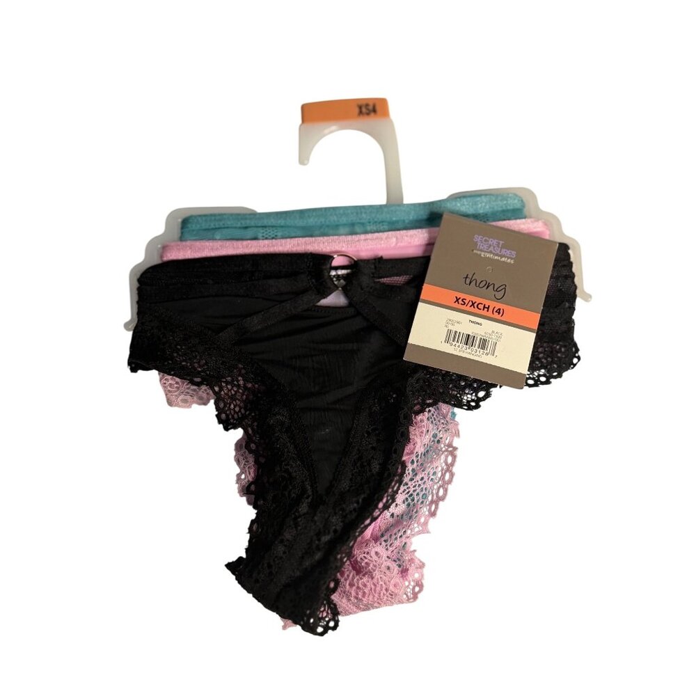 Secret Treasures XS Lace Thong Panties‎ 4-Pack Black Pink Teal Multicolor New 80